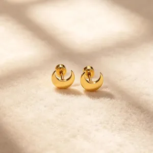 Vue détaillée de boucles d'oreilles puces croissant de lune en acier inoxydable doré.