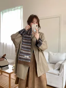 Cozy Fair Isle knit scarf for women, trendy winter warm colorblock neck warmer detail.