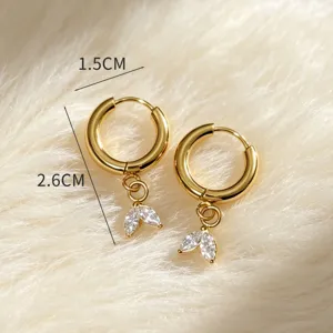 Gold stainless steel hoop earrings with sparkling zircon leaf charms, elegant daily jewelry.