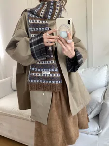 Korean style retro Fair Isle pattern knit scarf for women autumn winter warm cozy unisex neck warmer