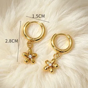 Gold stainless steel floral hoop earrings with sparkling zircon, elegant women's jewelry details.
