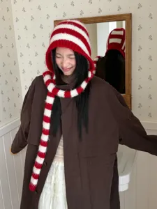Balaclava pasamontañas bufanda de punto rojo y blanco gorro de invierno cálido para mujer
