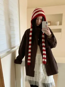 Conjunto de gorro pasamontañas y bufanda de punto a rayas para mujer, invierno cálido.