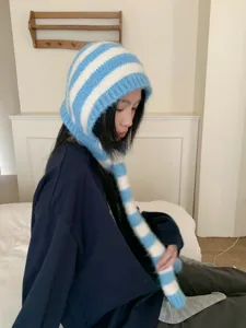Estilo coreano pasamontañas de punto a rayas azul blanco invierno cálido gorro bufanda