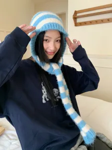 Gorro bufanda pasamontañas de punto a rayas azul y blanco invierno cálido para mujeres