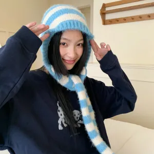 Pasamontañas de punto a rayas estilo coreano con bufanda para mujer, gorro de invierno.