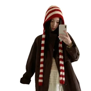 Pasamontañas bufanda de rayas tejido para mujer, gorro cálido de invierno con orejeras protectoras.
