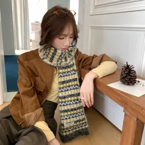 Fair Isle knit scarf for women, cozy winter colorblock warm neck wrap, main view display.