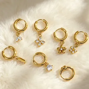 Gold stainless steel zircon hoop earrings set, trendy floral and geometric drop designs for women.