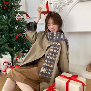 Korean style Fair Isle knit scarf for women, cozy winter colorblock warm neck wrap.