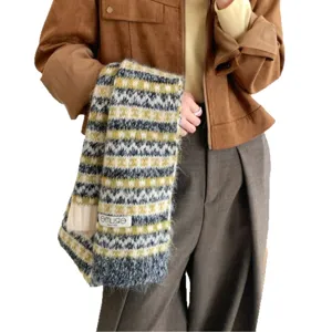 Korean style colorblock Fair Isle knit scarf, cozy warm fuzzy winter scarf for women.