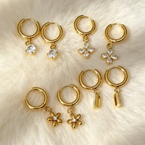 Gold stainless steel zircon hoop earrings multi style cute floral drop jewelry
