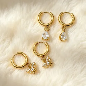 18k gold plated stainless steel cubic zirconia drop and bee hoop earrings for women.