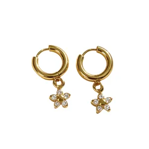 Gold flower hoop earrings with sparkling cubic zirconia, stylish women's jewelry main view
