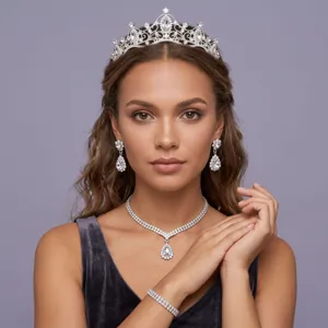 Retro Strass Krone Halskette Ohrringe Schmuckset Braut Bankett Abschlussball Party Kristall Zubehör Damen Geschenk