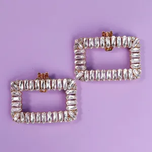Pair of rectangle crystal rhinestone shoe clips golden metal frame bridal wedding shoe charms