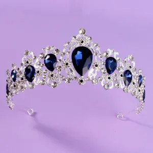 Atemberaubende Vintage Kristall Tiara Krone mit tiefblauen Tropfensteinen fuer Brauthochzeit.