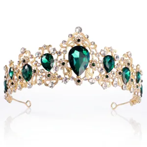 Vintage goldene Tiara Krone mit grünen tropfenförmigen Strasssteinen für Braut Hochzeit Party Zubehör
