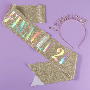 Geburtstagsparty Set mit goldenem Glitzerband und Strass Tiara Krone für 21. Geburtstag