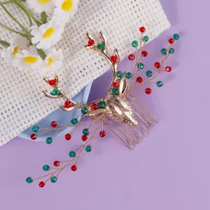 Pettine per capelli con corna di cervo di Natale perle rosse verdi accessori per feste