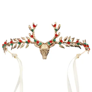 Cerchietto con corna di cervo oro di Natale con perline rosse e verdi per feste natalizie