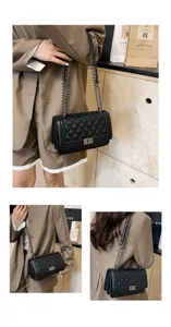 Detailed view of the chic black quilted crossbody chain bag, showing wearing angles.