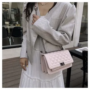 Chic quilted crossbody bag for women, trendy pink PU leather shoulder bag with chain strap.