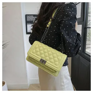 Stylish quilted chain crossbody bag in light green, perfect for daily wear and fashion look.