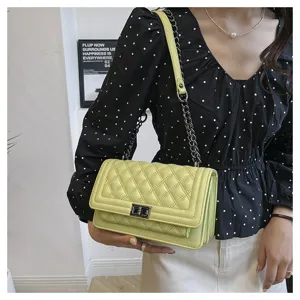 Chic quilted chain crossbody bag for women, stylish yellow small square shoulder bag.
