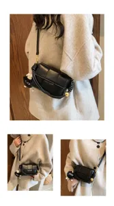 Women's black woven crossbody handbag chic design stylish winter shoulder bag accessory