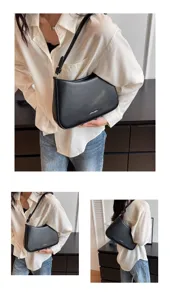 Classic black leather baguette shoulder bag for women, retro chic daily underarm purse.