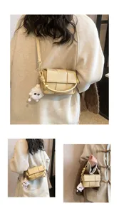 Chic woven patchwork small crossbody shoulder handbag with cute plush pendant for women