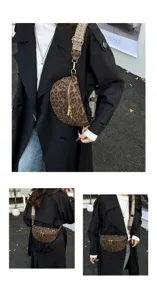 Detailed view of the stylish leopard print chest bag worn, showing design details.