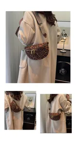 Detail view of the trendy leopard print crossbody chest bag, featuring wide strap and zip.