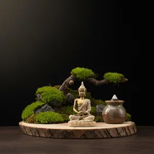 Mini Zen Buddha statue bonsai decor with moss wood and ceramic incense burner for home table.