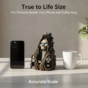 Detail view of the solar-powered gothic resin skull figurine, showcasing true-to-life scale.
