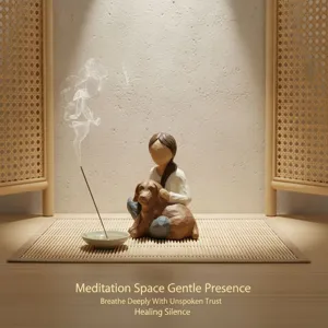 Resin figurine sculpture ornament, healing girl holding dog design for home decor and desktop.