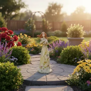 Resin angel figurine holding a rabbit garden decoration for outdoor patio and yard landscape.
