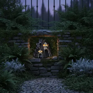 Detailed view of Halloween solar resin skull ornament with glowing eyes in a garden stone wall setting.