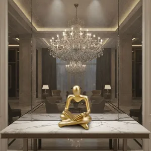 Golden reading thinker sculpture detail shot, modern resin art ornament for home study decor.