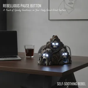 Detailed view of resin spooky skull lamp on wooden desk, gothic decor, LED glowing effect.