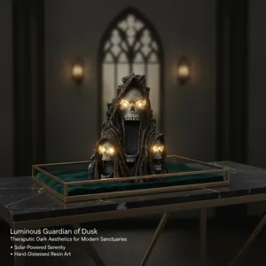 Solar-powered resin skull sculpture with glowing LED, gothic dark aesthetic decor.