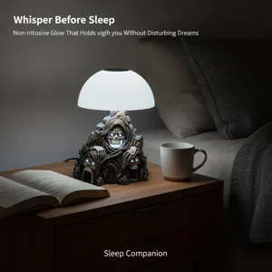 Unique gothic skeleton table lamp with glowing eyes for cozy bedroom nightstand decor.