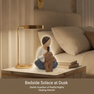 Resin girl hugging dog figurine, cozy bedside decor sculpture for warm home atmosphere.