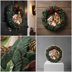 Close-up details of Christmas resin nativity wreath, exquisite religious holiday wall decor art.