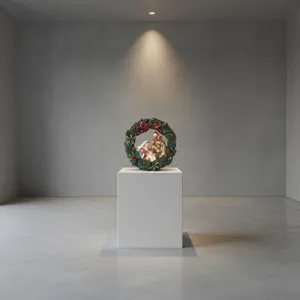 Detailed view of Christmas nativity wreath resin ornament, perfect for holiday wall hanging.