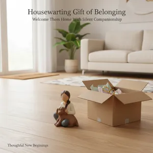 Detailed shot of resin girl hugging dog figurine in warm living room setup, home decor gift.