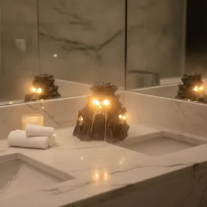 Detailed view of the solar skull lamp Halloween resin ornament glowing on a marble bathroom vanity.