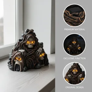 Halloween solar powered skull light resin ornament spooky glowing holiday decor detail view