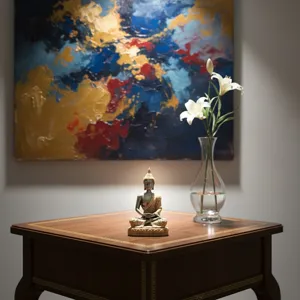 Mini Zen Buddha statue resin craft ornament for home living room interior decor detail view.